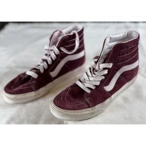 Vans Sk8-Hi Shoes Mens Size 8 Burgundy White Suede High Top HEIQ Eco‎ Dry Skate